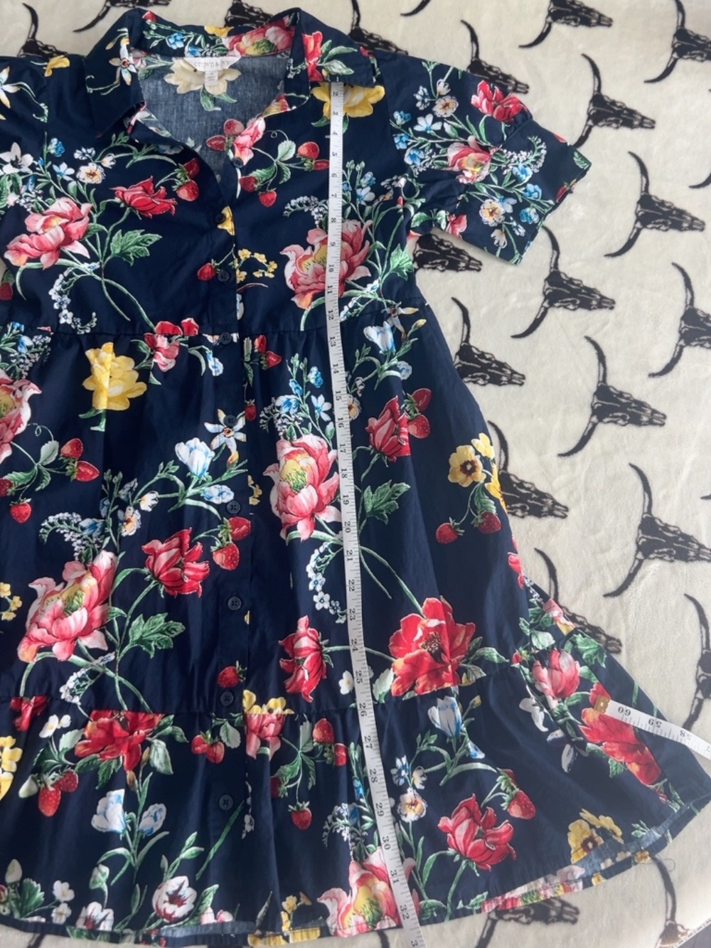 Crown & Ivy Strawberry Floral Navy Tiered Shirt Dress Size S - Picture 7 of 9